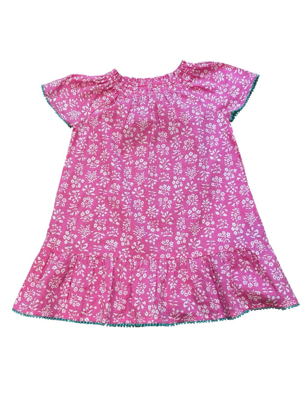 Boden Girls Pink Floral Cotton Poplin Dress Turquoise Bobble Trim Ruffles 5-6